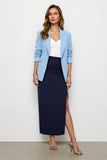 Navy Blue Sheath Notched Lapel 2 Piece Business Casual Dress With Slit