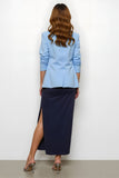 Navy Blue Sheath Notched Lapel 2 Piece Business Casual Dress With Slit