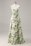 Green Flower A Line Corset Tiered Maxi Dress with Lace Up Back