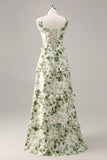 Green Flower A Line Corset Tiered Maxi Dress with Lace Up Back
