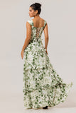 Green Flower A Line Corset Tiered Maxi Dress with Lace Up Back