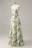 Green Flower A Line Corset Tiered Maxi Dress with Lace Up Back
