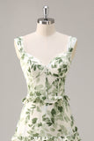 Green Flower A Line Corset Tiered Maxi Dress with Lace Up Back