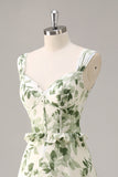 Green Flower A Line Corset Tiered Maxi Dress with Lace Up Back