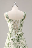 Green Flower A Line Corset Tiered Maxi Dress with Lace Up Back