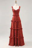 Terracotta A-line Ruffled Long Bridesmaid Dress with Lace Up Back