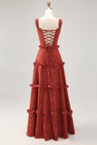 Terracotta A-line Ruffled Long Bridesmaid Dress with Lace Up Back