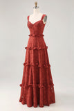Terracotta A-line Ruffled Long Bridesmaid Dress with Lace Up Back