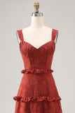 Terracotta A-line Ruffled Long Bridesmaid Dress with Lace Up Back