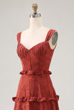 Terracotta A-line Ruffled Long Bridesmaid Dress with Lace Up Back