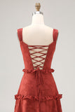 Terracotta A-line Ruffled Long Bridesmaid Dress with Lace Up Back