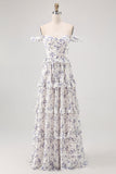 Purple Flower A-Line Off The Shoulder Ruffled Bridesmaid Dress with Lace Up Back