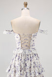Purple Flower A-Line Off The Shoulder Ruffled Bridesmaid Dress with Lace Up Back