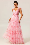 Blush Flower A-Line Cut Out Ruched Backless Print Long Bridesmaid Dress