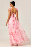 Blush Flower A-Line Cut Out Ruched Backless Print Long Bridesmaid Dress