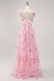 Blush Flower A-Line Cut-Out Tulle Backless Print Maxi Dress