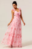 Blush Flower A-Line Cut Out Ruched Backless Print Long Bridesmaid Dress
