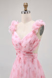 Blush Flower A-Line Cut-Out Tulle Backless Print Maxi Dress