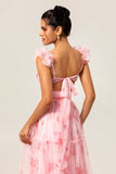 Blush Flower A-Line Cut Out Ruched Backless Print Long Bridesmaid Dress