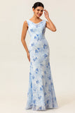 Blue Flower Sheath Printed Long Wedding Party Dress