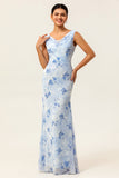 Blue Flower Sheath Printed Long Wedding Party Dress