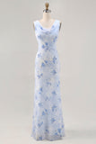 Blue Flower Sheath Printed Long Wedding Party Dress