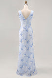 Blue Flower Sheath Printed Long Wedding Party Dress