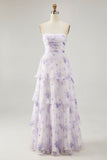 Lavender Flower A-line Backless Strapless Pleated Tiered Maxi Dress