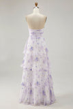 Lavender A-Line Sweetheart Tiered Pleated Print Floral Chiffon Maxi Dress
