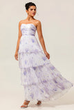 Lavender A-Line Sweetheart Tiered Pleated Print Floral Chiffon Maxi Dress