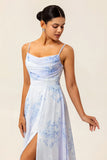Blue A-Line Spaghetti Straps Print Floral Chiffon Maxi Bridesmaid Dress with Slit