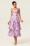 Purple Flower A-Line Lace Up Back Tiered Print Midi Dress with Straps Bows