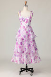 Purple Flower A-Line Lace Up Back Tiered Print Midi Dress with Straps Bows