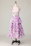 Purple Flower A-Line Lace Up Back Tiered Print Midi Dress with Straps Bows