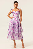 Purple Flower A-Line Lace Up Back Tiered Print Midi Dress with Straps Bows