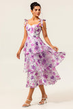 Purple Flower A-Line Lace Up Back Tiered Print Midi Dress with Straps Bows