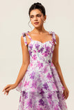 Purple Flower A-Line Lace Up Back Tiered Print Midi Dress with Straps Bows
