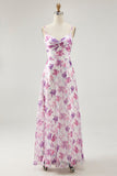 Purple Floral Print A-Line Spaghetti Strap Bridesmaid Dress with Slit