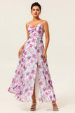 Purple Floral Print A-Line Spaghetti Strap Bridesmaid Dress with Slit