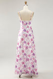 Purple Floral Print A-Line Spaghetti Strap Bridesmaid Dress with Slit