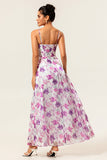 Purple Floral Print A-Line Spaghetti Strap Bridesmaid Dress with Slit