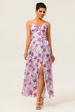 Purple Floral Print A-Line Spaghetti Strap Bridesmaid Dress with Slit