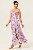Purple Floral Print A-Line Spaghetti Strap Bridesmaid Dress with Slit