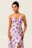 Purple Floral Print A-Line Spaghetti Strap Bridesmaid Dress with Slit