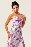 Purple Floral Print A-Line Spaghetti Strap Bridesmaid Dress with Slit
