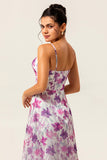 Purple Floral Print A-Line Spaghetti Strap Bridesmaid Dress with Slit