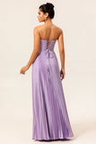 A-line Strapless Pleated Lilac Long Bridesmaid Dress with Lace Up Back