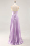 Lilac A-line Strapless Pleated Long Bridesmaid Dress with Lace Up Back