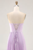 Lilac A-line Strapless Pleated Long Bridesmaid Dress with Lace Up Back