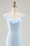 Sky Blue A-line Ruffled Chiffon Bridesmaid Dress with Lace Up Back